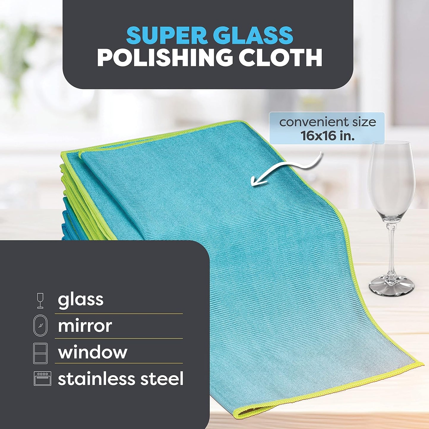 SCRUBIT Microfiber Glass Cleaning Cloths Lint-Free, 16x16in (8-Pack)