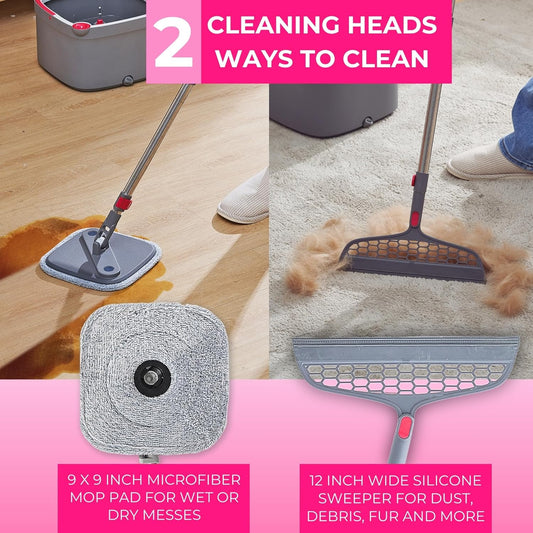 Heavy Duty Square Spin Mop Dual Water Tank, Self-Cleaning with Washable Pads