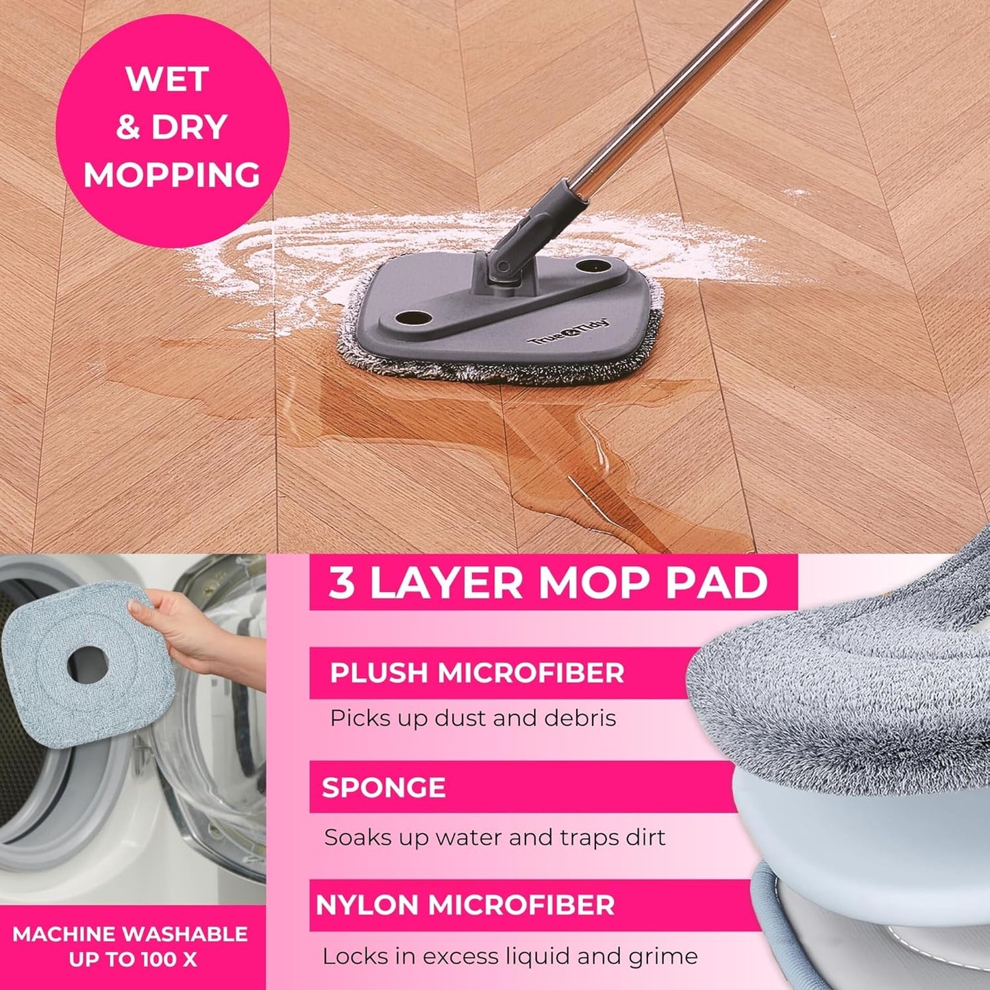 Heavy Duty Square Spin Mop Dual Water Tank, Self-Cleaning with Washable Pads