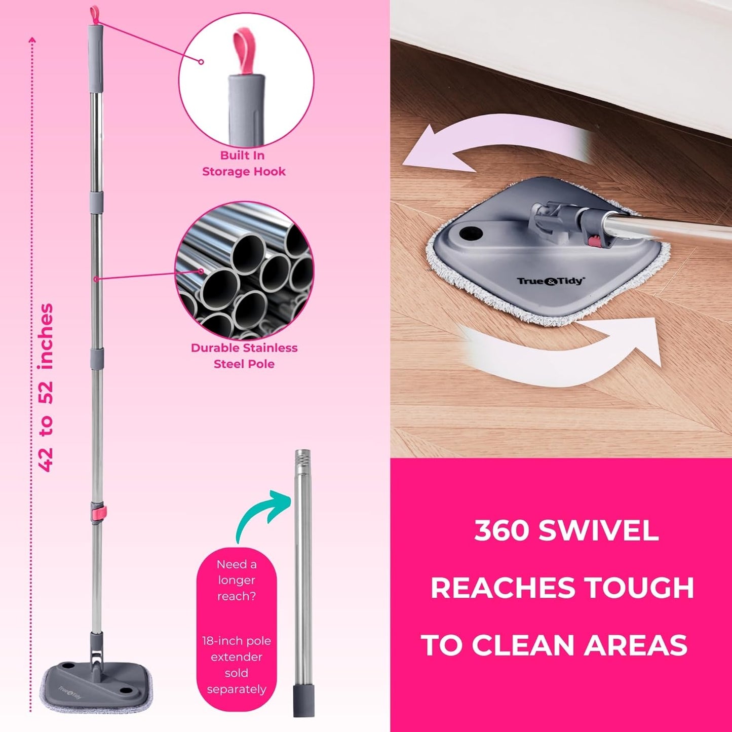 Heavy Duty Square Spin Mop Dual Water Tank, Self-Cleaning with Washable Pads