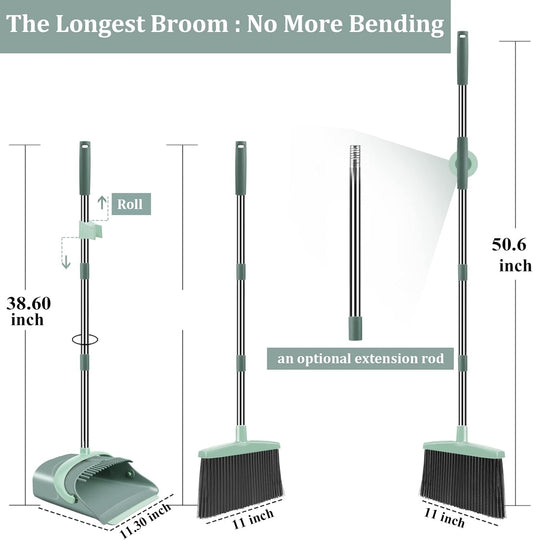 Broom and Dustpan Set Long Handle Upright Sweeping Combo (Gray & Green)