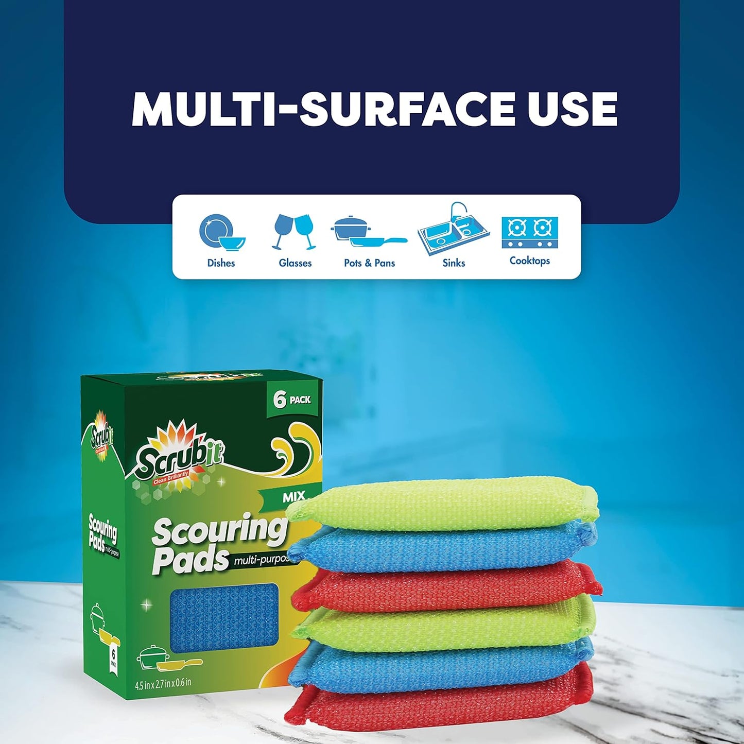 SCRUBIT Multi-Purpose Scouring Pads Non-Scratch Dish Sponges, 6-Pack (Colored)