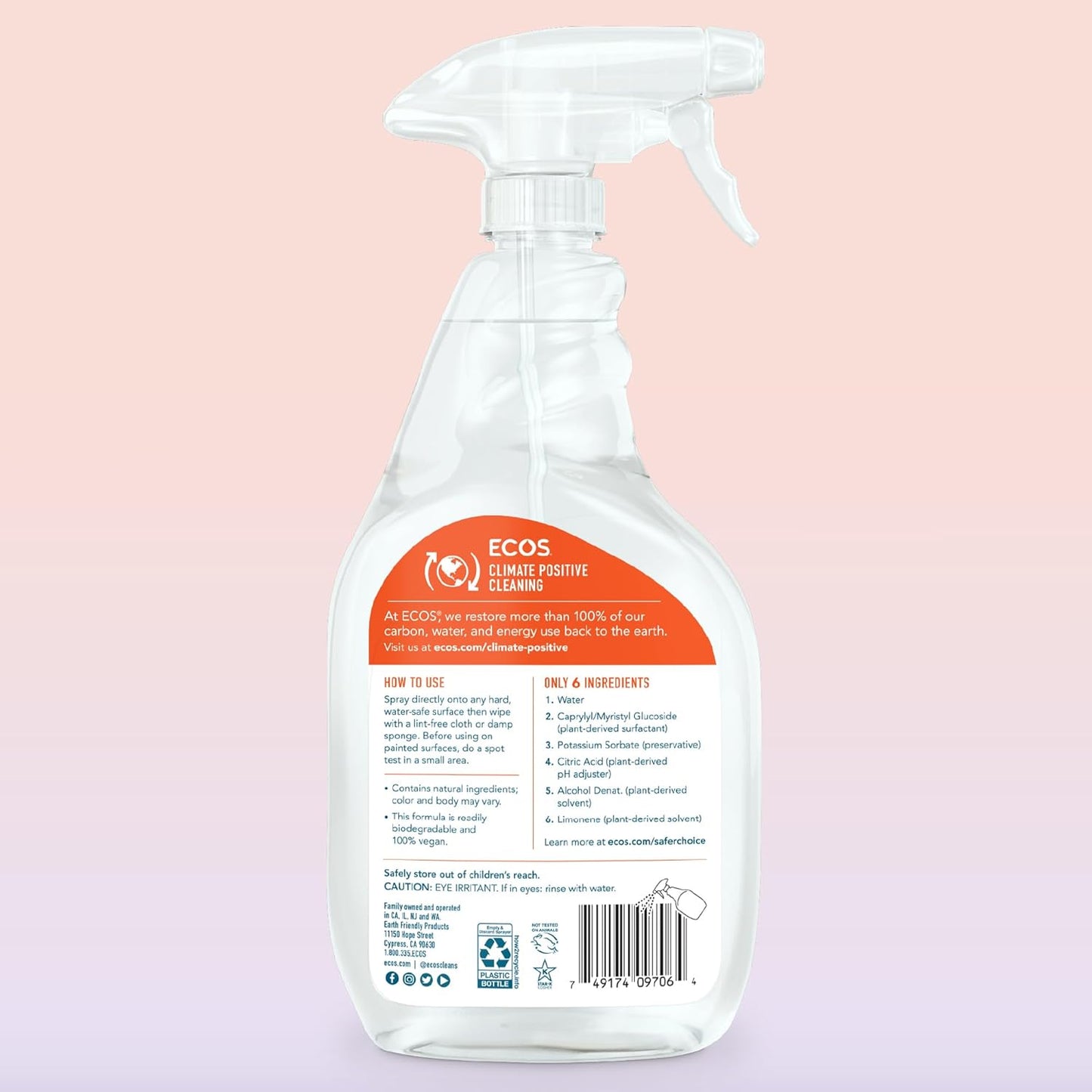 ECOS Plant-Based Multi-Surface Cleaner Spray Orange Citrus, 22oz (Pack of 2)