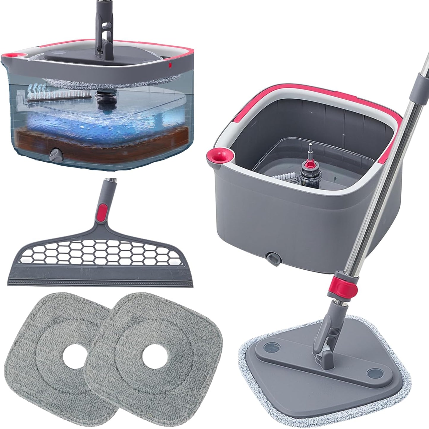 Heavy Duty Square Spin Mop Dual Water Tank, Self-Cleaning with Washable Pads