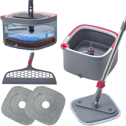 Heavy Duty Square Spin Mop Dual Water Tank, Self-Cleaning with Washable Pads