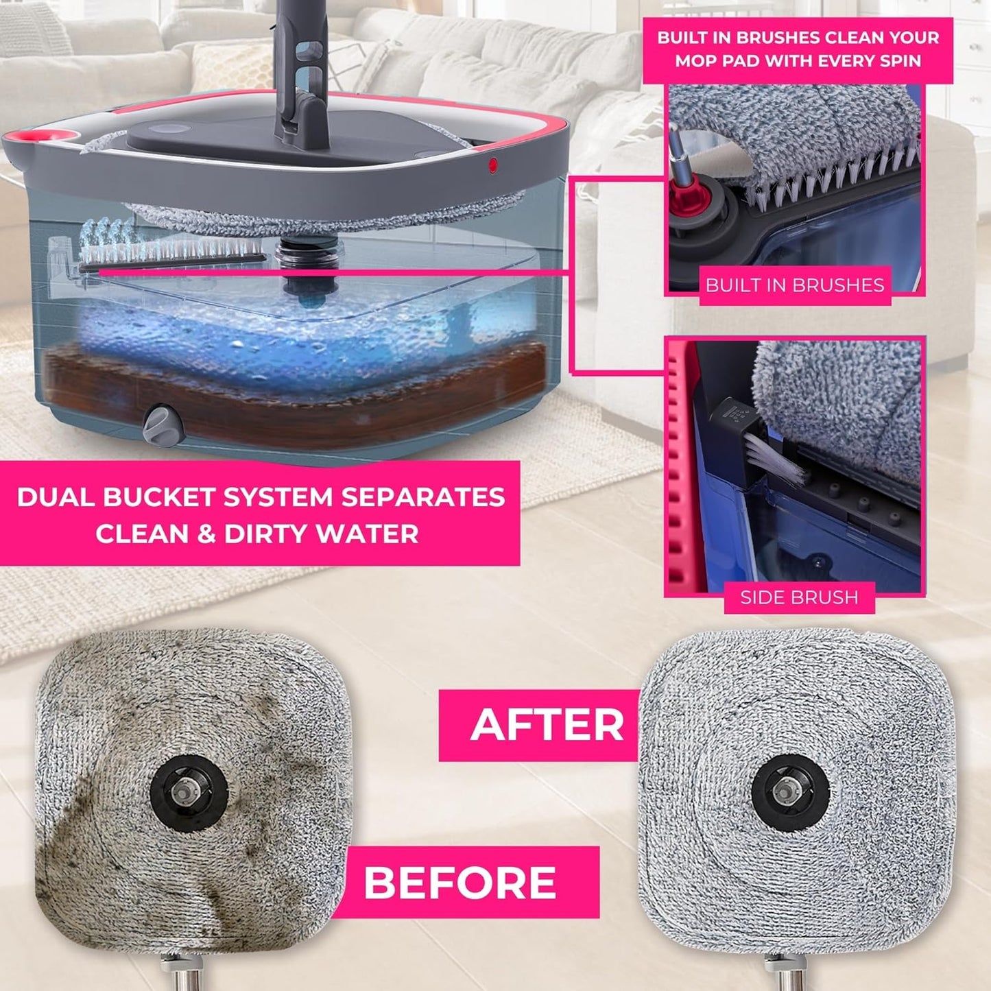 Heavy Duty Square Spin Mop Dual Water Tank, Self-Cleaning with Washable Pads