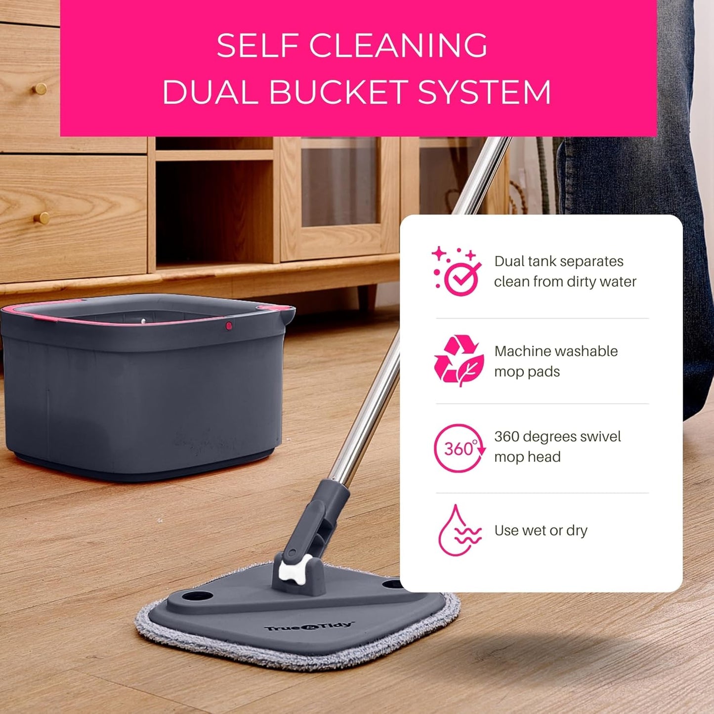 Heavy Duty Square Spin Mop Dual Water Tank, Self-Cleaning with Washable Pads