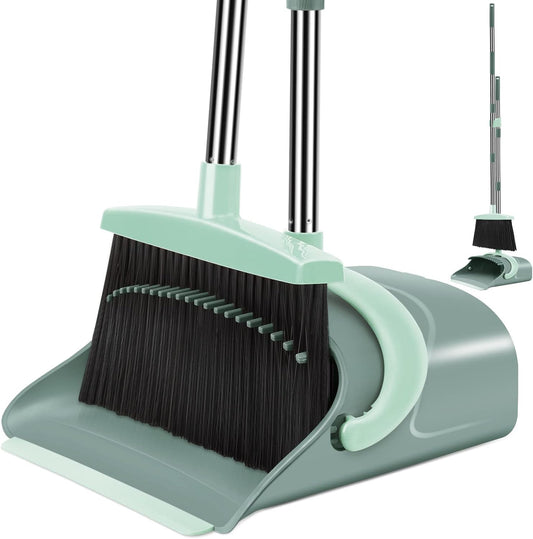 Broom and Dustpan Set Long Handle Upright Sweeping Combo (Gray & Green)