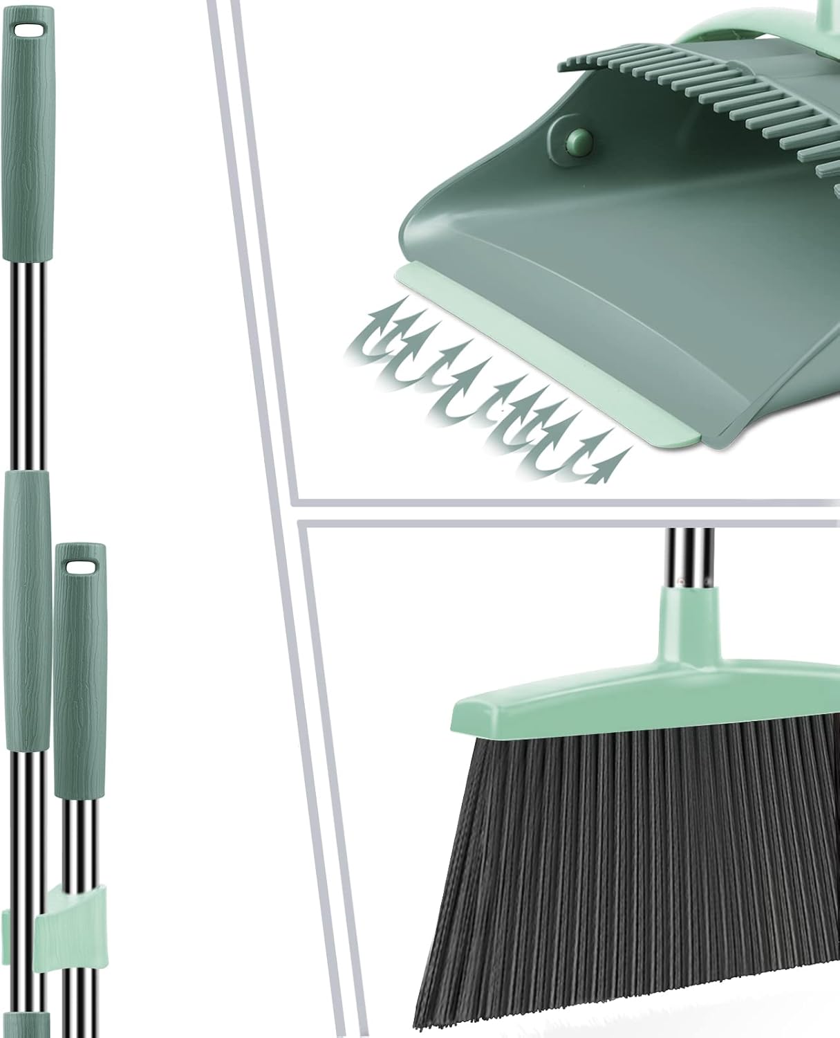 Broom and Dustpan Set Long Handle Upright Sweeping Combo (Gray & Green)