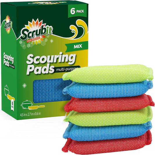 SCRUBIT Multi-Purpose Scouring Pads Non-Scratch Dish Sponges, 6-Pack (Colored)