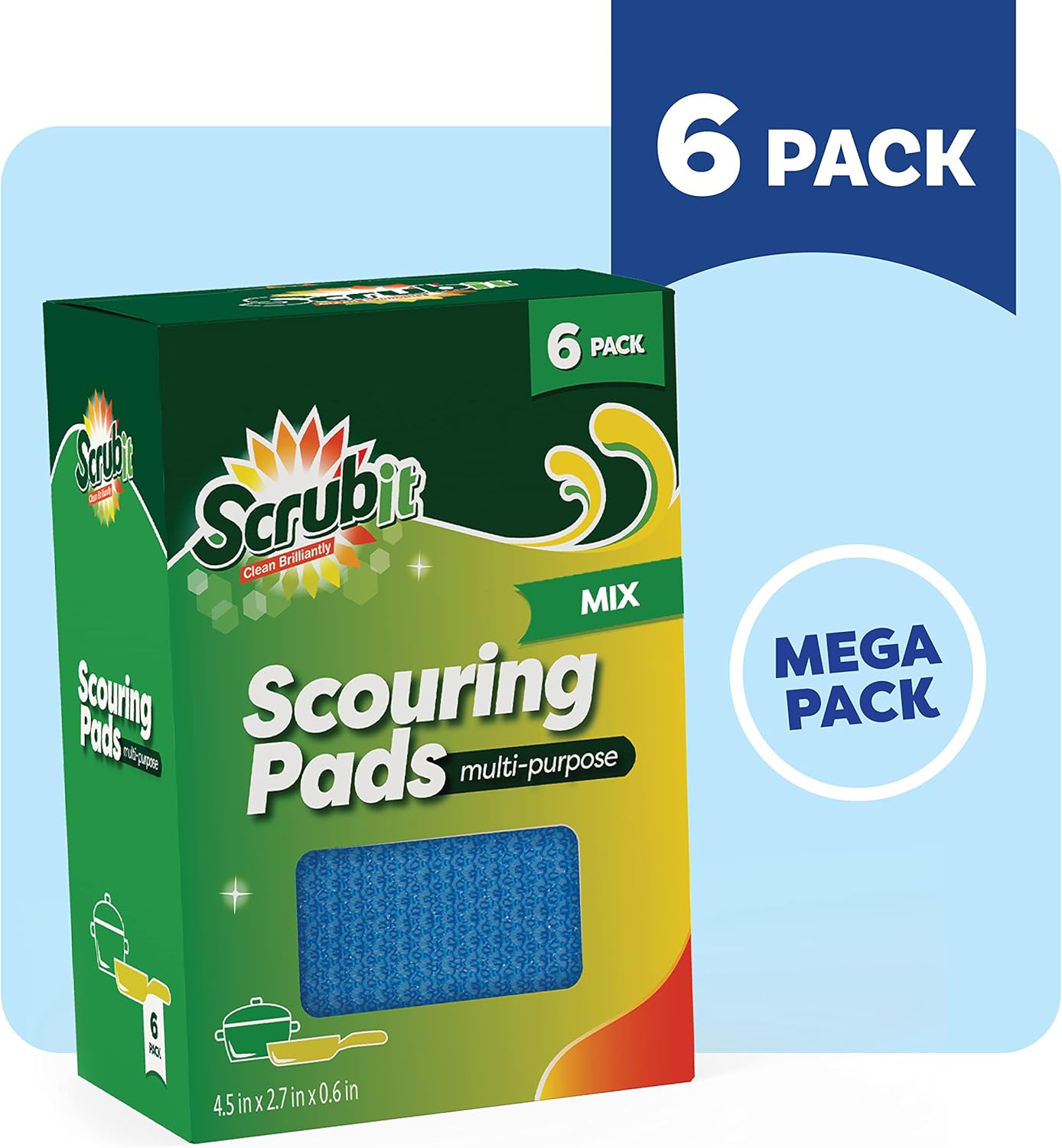 SCRUBIT Multi-Purpose Scouring Pads Non-Scratch Dish Sponges, 6-Pack (Colored)